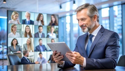 A leader using a digital tablet in a virtual meeting setup, symbolizing modern communication methods in leadership