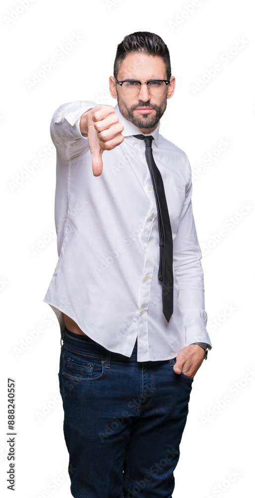 Young handsome business man wearing glasses over isolated background looking unhappy and angry showing rejection and negative with thumbs down gesture. Bad expression. Young handsome business man wearing glasses over isolated background looking unhappy and angry showing rejection and negative with thumbs down gesture. Bad expression.