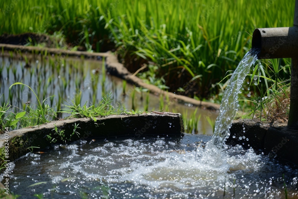 Rushing water from a diesel tube well in rice fields where river water doesn t flow Rushing water from a diesel tube well in rice fields where river water doesn t flow