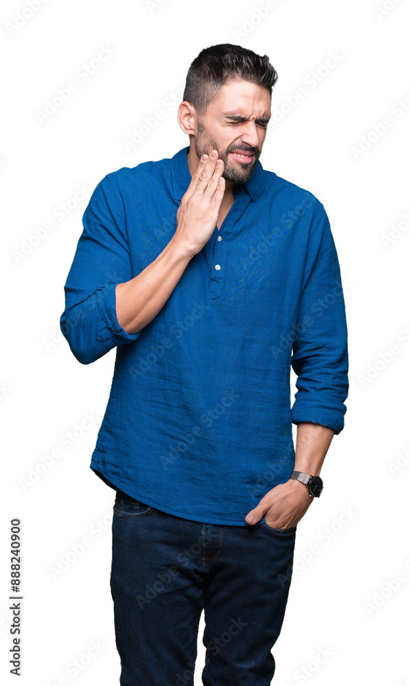 Young handsome man over isolated background touching mouth with hand with painful expression because of toothache or dental illness on teeth. Dentist concept. Young handsome man over isolated background touching mouth with hand with painful expression because of toothache or dental illness on teeth. Dentist concept.