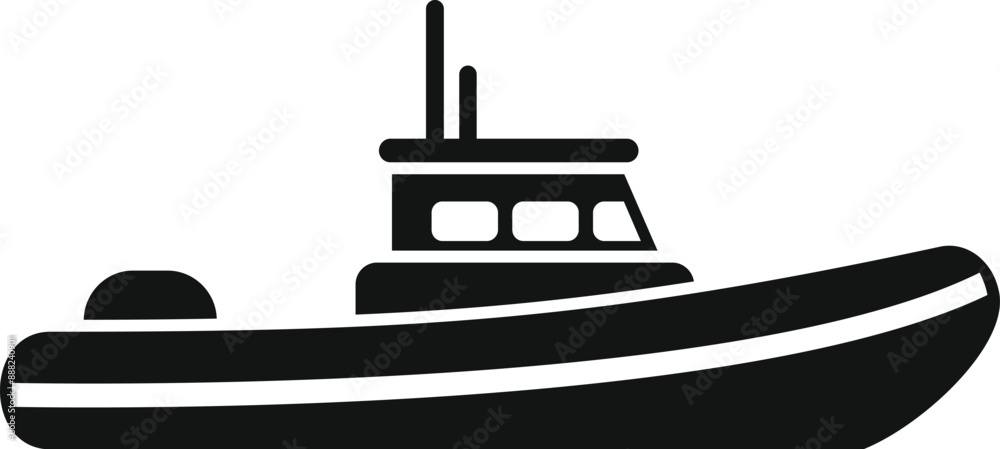 Simple black icon of inflatable boat, side view, isolated on white background Simple black icon of inflatable boat, side view, isolated on white background