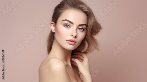 Portrait of a beautiful woman with a long hair. Model with beautiful hair ,isolated on beige background