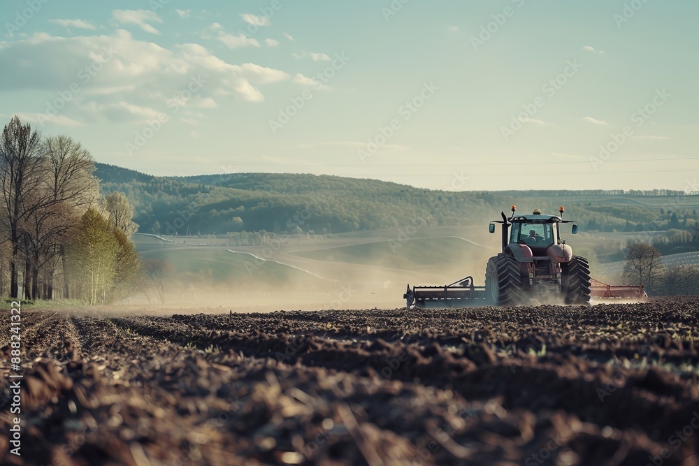Fototapeta premium Spring field being plowed by tractor