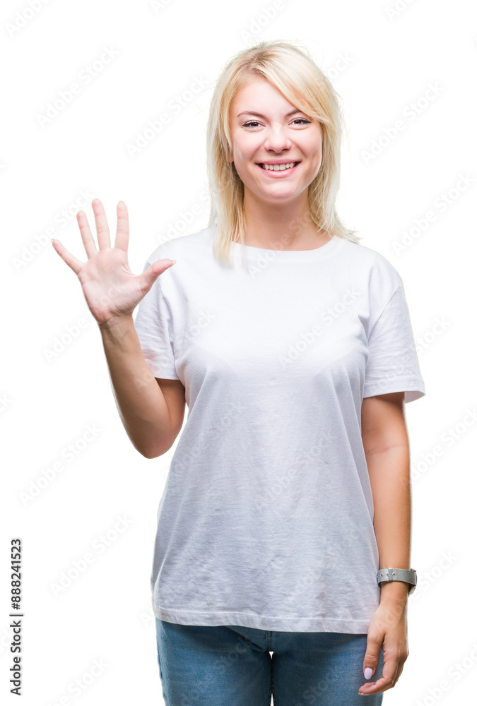 Fototapeta premium Young beautiful blonde woman wearing white t-shirt over isolated background showing and pointing up with fingers number five while smiling confident and happy.