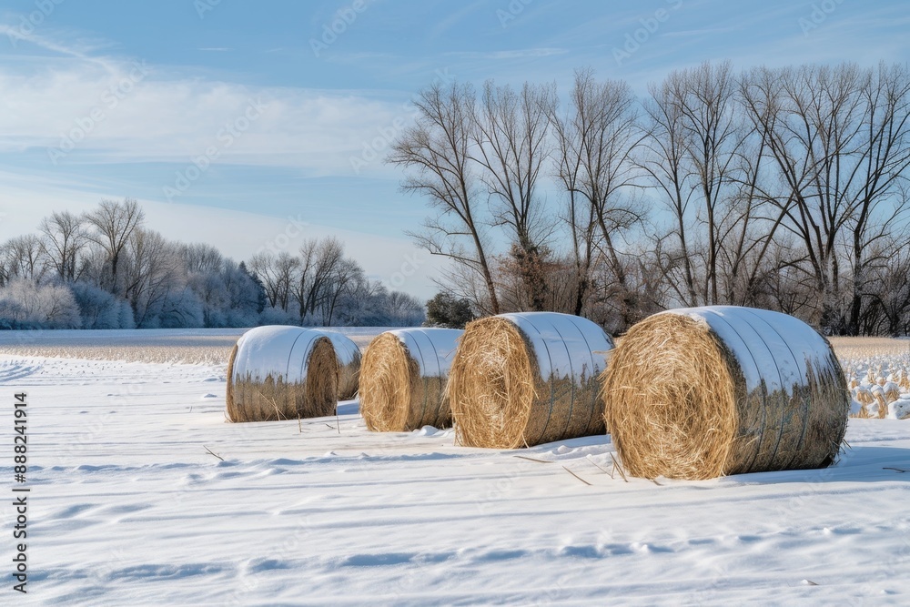 Winter farmland with straw bales under blue sky Winter farmland with straw bales under blue sky