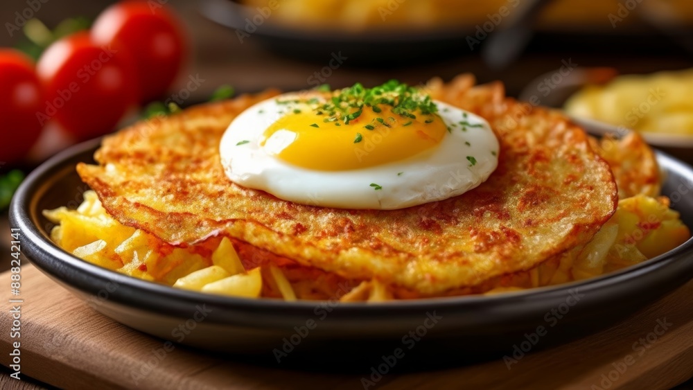 Delicious breakfast with sunny side up egg on crispy hash browns Delicious breakfast with sunny side up egg on crispy hash browns