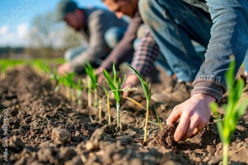 Young farmers inspecting wheat in winter