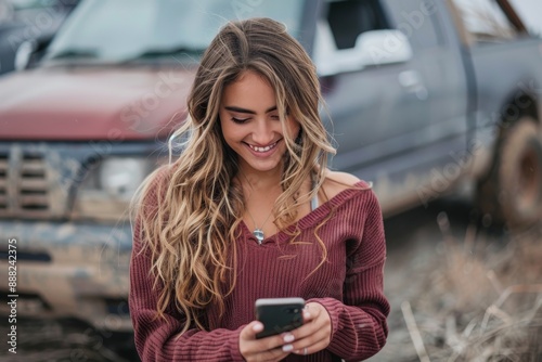 Young woman smiling and texting after tow truck quickly arrived for her broken car