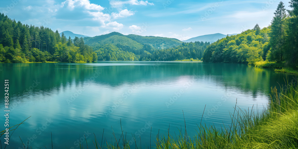 Tranquil Mountain Lake View with Lush Green Forests, Clear Blue Sky, and Calm Reflective Water, serene nature concept Tranquil Mountain Lake View with Lush Green Forests, Clear Blue Sky, and Calm Reflective Water, serene nature concept