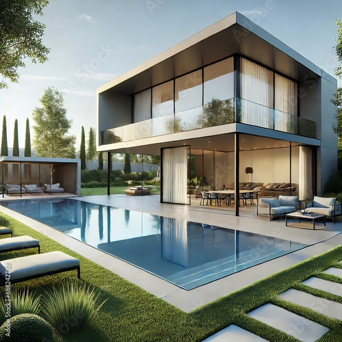 A modern two-story house with large glass windows overlooks a sleek swimming pool and a well-manicured garden, creating a luxurious and serene outdoor living space
