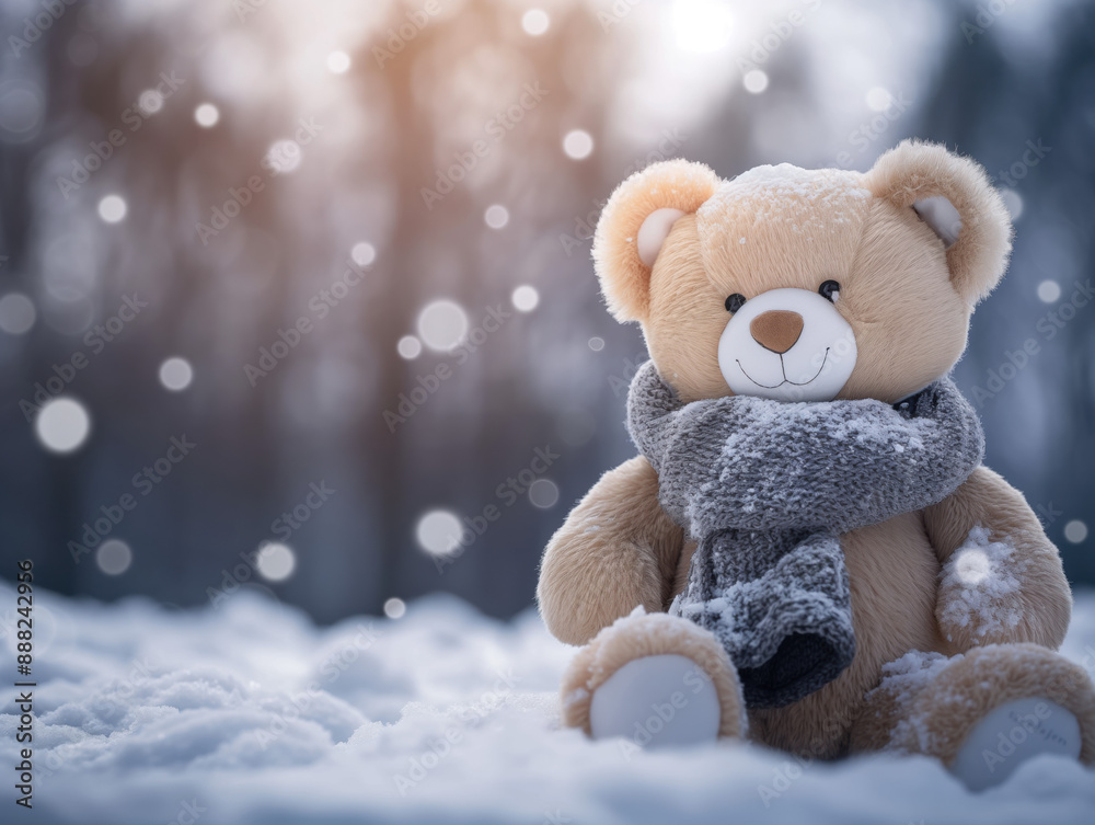 This image features a teddy bear, dressed in a cozy scarf, sitting in a snowy scene, evoking warmth and nostalgia amidst a cold, wintry backdrop. This image features a teddy bear, dressed in a cozy scarf, sitting in a snowy scene, evoking warmth and nostalgia amidst a cold, wintry backdrop.