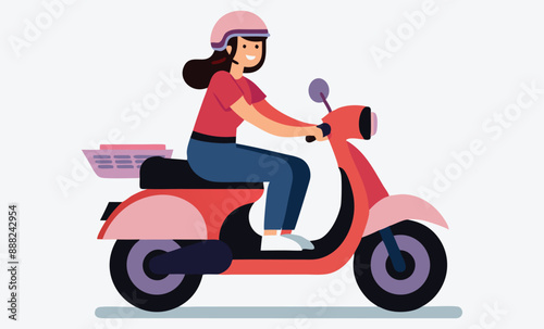 A Girl Sitting on a Scooter Wearing a Helmet, Isometric Illustrations on