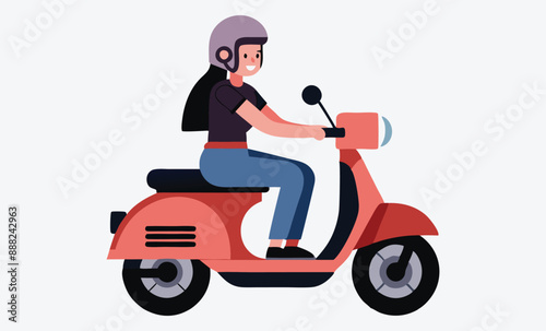 A Girl Sitting on a Scooter Wearing a Helmet, Isometric Illustrations on