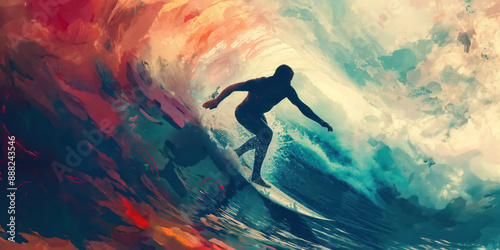 Silhouette of a surfer riding a large wave, beautiful artistic depiction of surfing, colorful ocean background, surfing concept