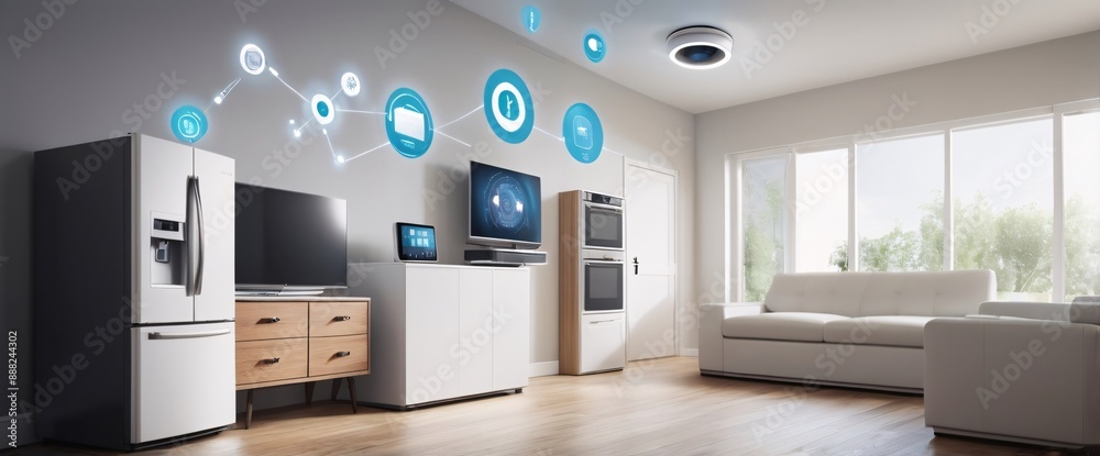 illustrate the concept of the Internet of Things with an image of a smart home, featuring various connected devices and appliances, shot from a low angle with a wide-angle lens