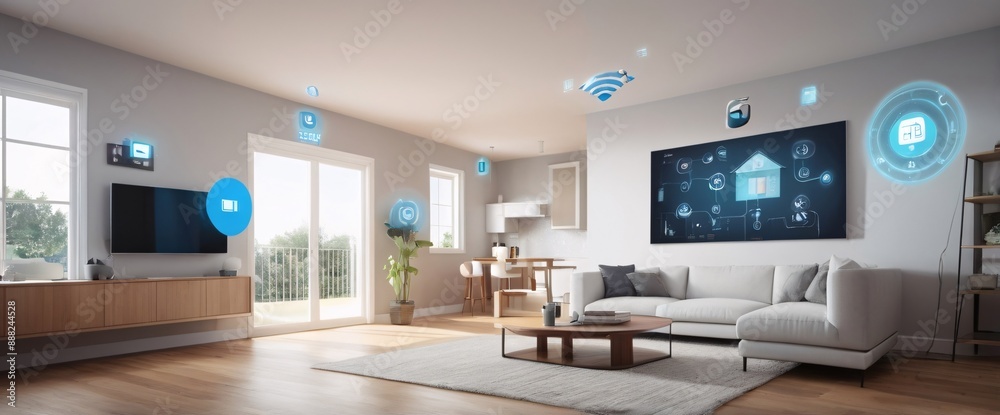 illustrate the concept of the Internet of Things with an image of a smart home, featuring various connected devices and appliances, shot from a low angle with a wide-angle lens illustrate the concept of the Internet of Things with an image of a smart home, featuring various connected devices and appliances, shot from a low angle with a wide-angle lens