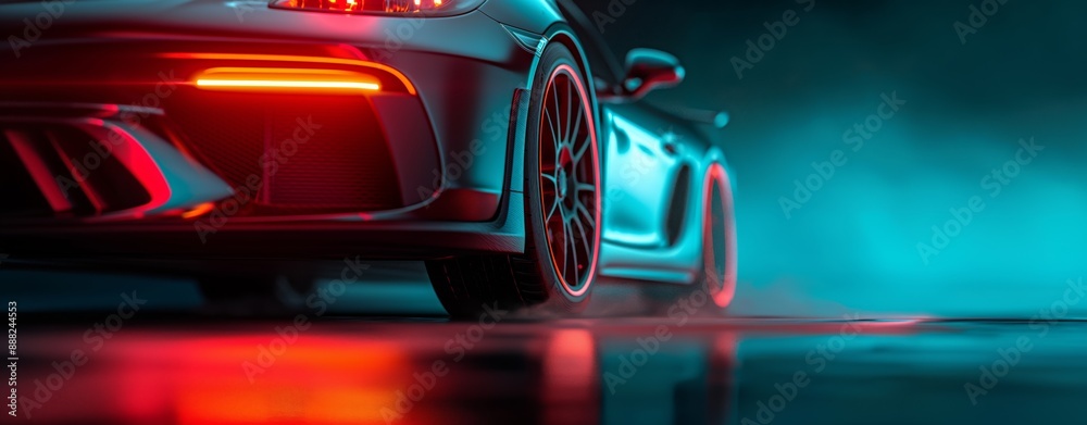 High-Performance Sports Car Illuminated by Neon Lights at Sunset in a Futuristic Scene High-Performance Sports Car Illuminated by Neon Lights at Sunset in a Futuristic Scene