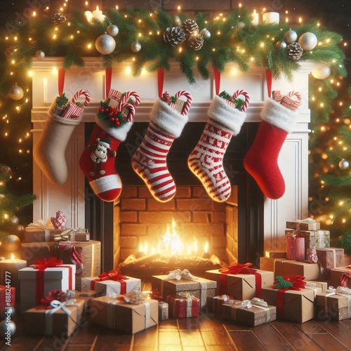 Christmas stockings hanging from a mantel, filled with small gifts and candy canes