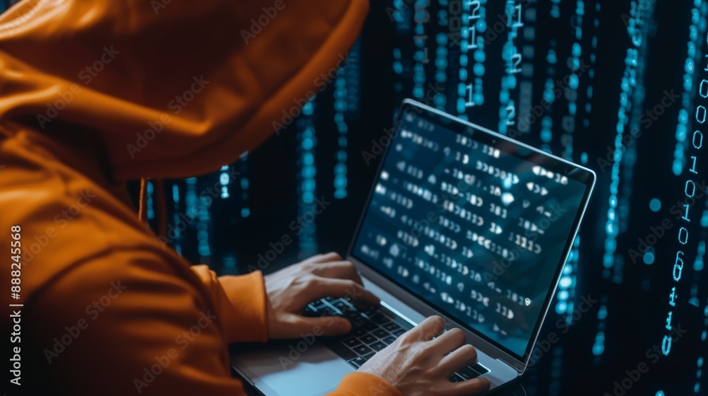 A hacker wearing a hoodie working on a laptop with digital codes floating around, high-resolution photo, realistic photo, cinematography