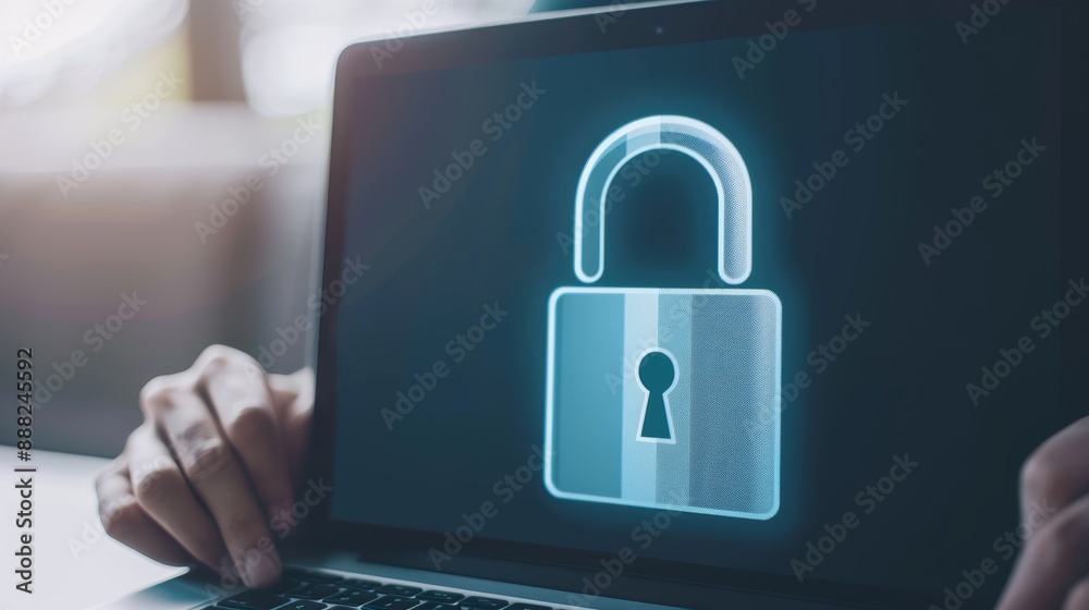 A person holding a laptop with a digital padlock icon on the screen, high-resolution photo, realistic photo, cinematography A person holding a laptop with a digital padlock icon on the screen, high-resolution photo, realistic photo, cinematography