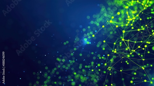 Neon green dots linked by bright yellow threads on a deep blue background, text area in the upper left