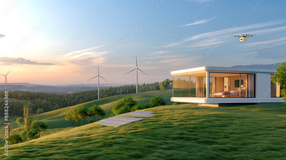 Modern Eco-Friendly Home in Scenic Hills with Wind Turbines and Drone at Sunset Modern Eco-Friendly Home in Scenic Hills with Wind Turbines and Drone at Sunset