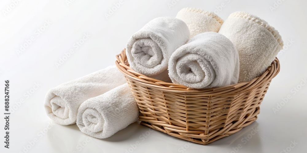 Wicker Basket Filled with Rolled White Towels, Basket, Towel, Bathroom, Laundry Wicker Basket Filled with Rolled White Towels, Basket, Towel, Bathroom, Laundry