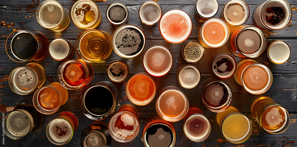 Overhead top down view of a collection of different glasses of beer ale and lager Overhead top down view of a collection of different glasses of beer ale and lager