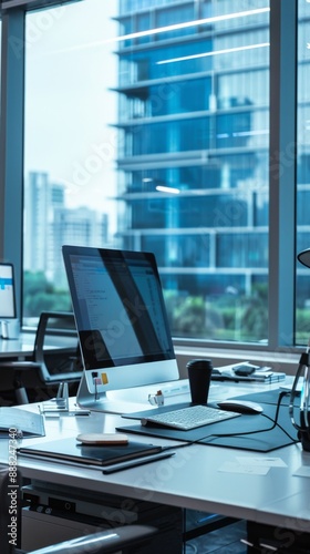 Epitome of Professionalism: A Streamlined Workspace Demonstrating Optimal Operation and Time Management for Business Efficiency and Productivity. photo