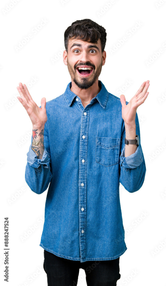 Young handsome man over isolated background celebrating crazy and amazed for success with arms raised and open eyes screaming excited. Winner concept Young handsome man over isolated background celebrating crazy and amazed for success with arms raised and open eyes screaming excited. Winner concept