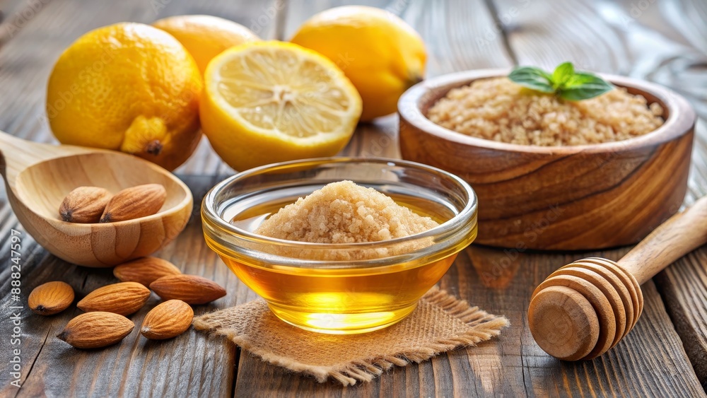 A Bowl of Honey, Sugar, and Almonds with Lemons, rustic wooden background, still life photography, honey, sugar A Bowl of Honey, Sugar, and Almonds with Lemons, rustic wooden background, still life photography, honey, sugar