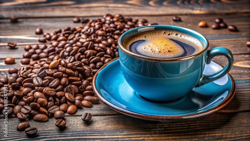 A Cup of Coffee with Coffee Beans on a Wooden Table, Closeup, Blue Cup, Coffee Bean, Table, Morning Drink