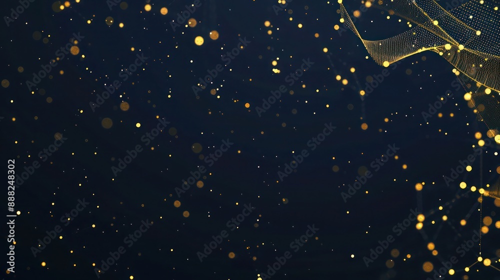 Pale gold dots linked by mustard threads on a dark navy background, text space in the top right Pale gold dots linked by mustard threads on a dark navy background, text space in the top right