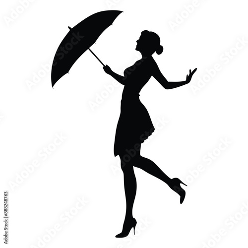 a woman standing in a dancing position with an umbrella, vector silhouette 