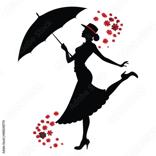 a woman standing in a dancing position with an umbrella, vector silhouette 