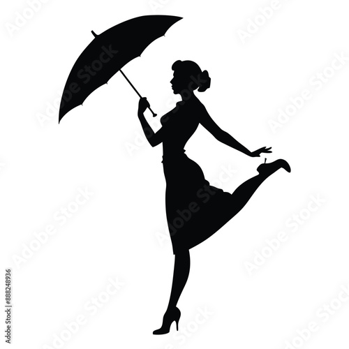 a woman standing in a dancing position with an umbrella, vector silhouette 
