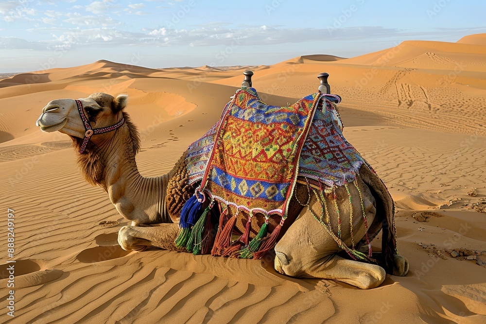 Fototapeta premium Camel with saddle in Sahara near Douz Tunisia