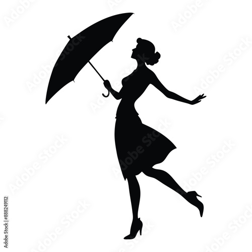 a woman standing in a dancing position with an umbrella, vector silhouette 