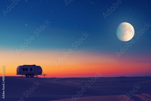 Caravan silhouette against moonlit desert backdrop in Dubai