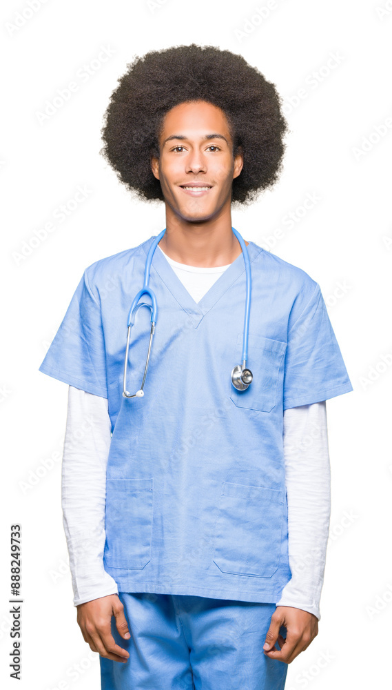 Young african american doctor man with afro hair with a happy and cool smile on face. Lucky person. Young african american doctor man with afro hair with a happy and cool smile on face. Lucky person.