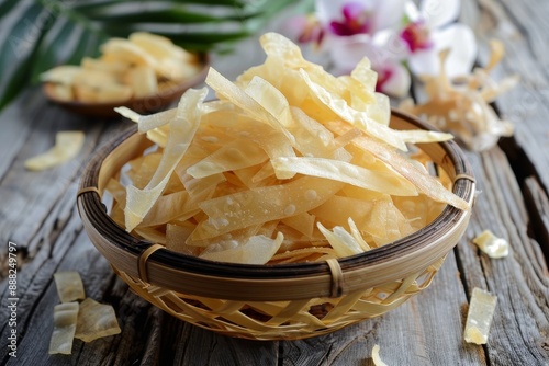 Cassava chips are a traditional snack from Java made by thinly slicing and frying cassava photo