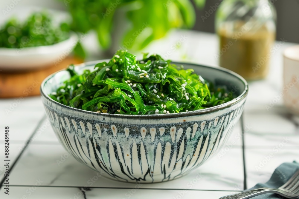 Close up of delicious seaweed salad in white bowl on tiled table Close up of delicious seaweed salad in white bowl on tiled table