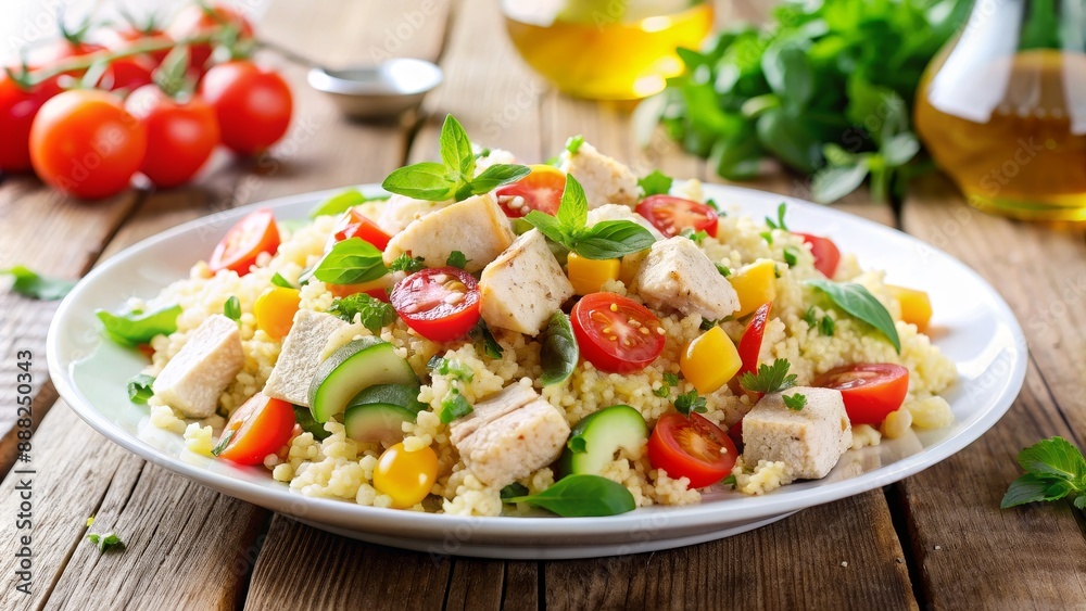 Chicken and Couscous Salad with Cherry Tomatoes, Zucchini and Basil, Close-up, Healthy, Delicious, Meal, Food Chicken and Couscous Salad with Cherry Tomatoes, Zucchini and Basil, Close-up, Healthy, Delicious, Meal, Food