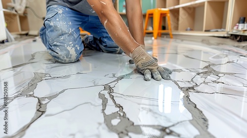 Worker installing marble flooring in half paved apartment, completing floor installation task