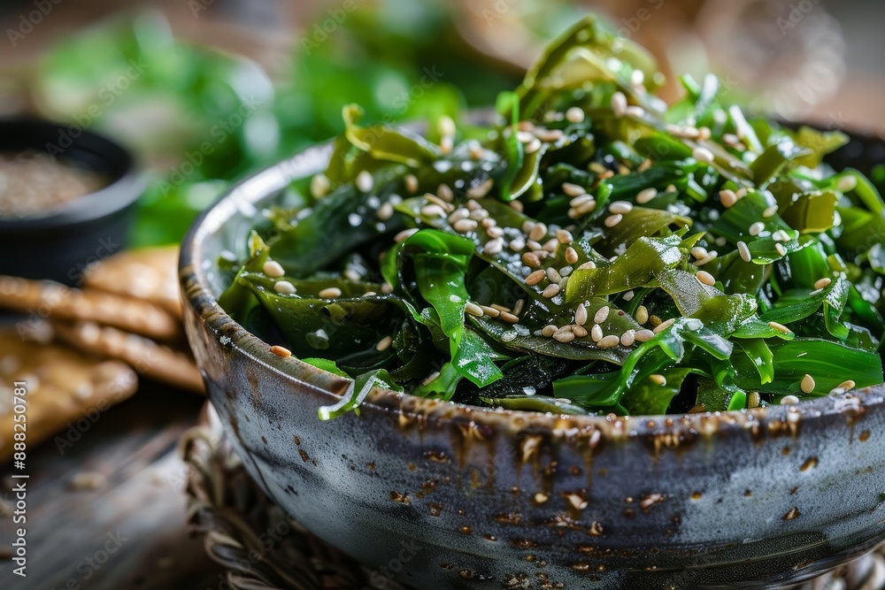 Close up photo of fancy seaweed salad with seed crackers Close up photo of fancy seaweed salad with seed crackers