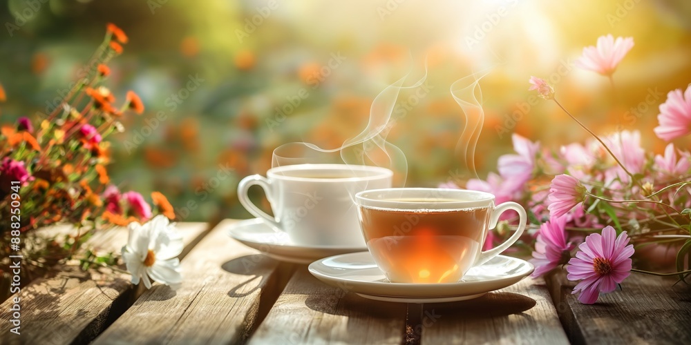 Two steaming cups of tea placed on a wooden table surrounded by blooming flowers, capturing a serene outdoor morning moment. Two steaming cups of tea placed on a wooden table surrounded by blooming flowers, capturing a serene outdoor morning moment.