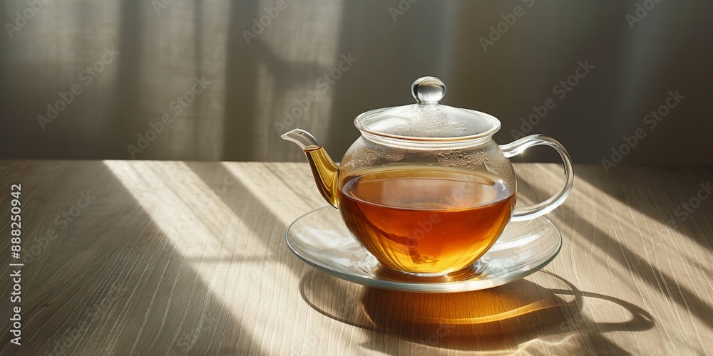 A clear glass teapot filled with tea sits on a table casting shadows, emphasizing a minimalist and serene aesthetic. A clear glass teapot filled with tea sits on a table casting shadows, emphasizing a minimalist and serene aesthetic.