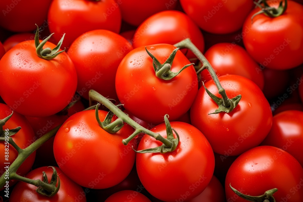 A pile of fresh, juicy red tomatoes with green stems, perfect for culinary uses, representing vibrancy and freshness. A pile of fresh, juicy red tomatoes with green stems, perfect for culinary uses, representing vibrancy and freshness.