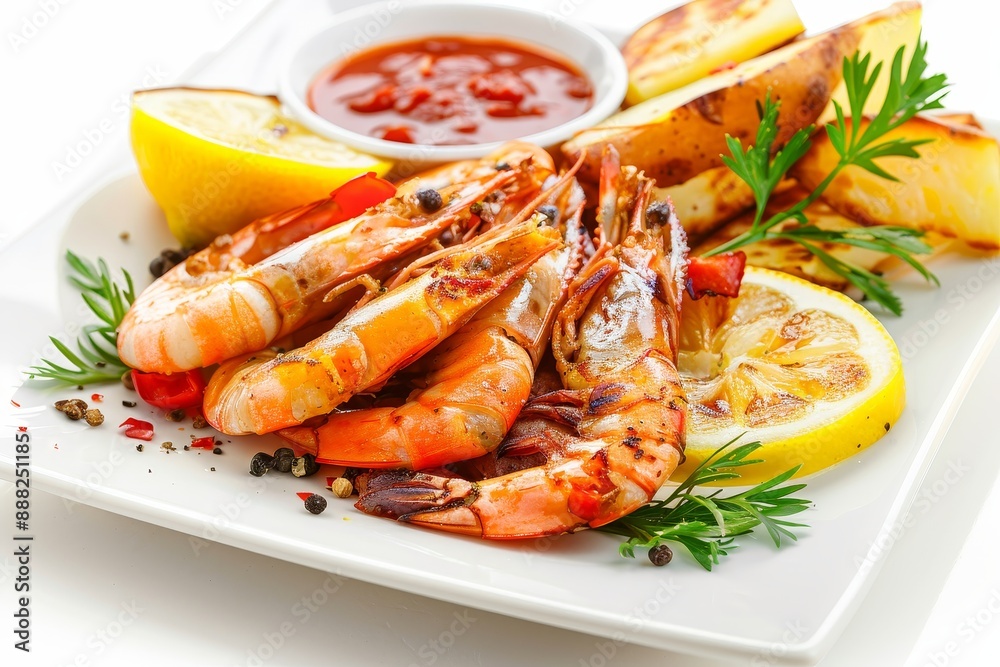 Closeup of roasted sliced tiger shrimps with baked potato lemon slice vegetables and chili sauce on square plate isolated on white background Closeup of roasted sliced tiger shrimps with baked potato lemon slice vegetables and chili sauce on square plate isolated on white background