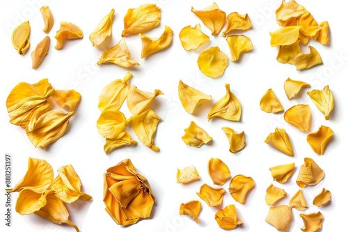 Collection of dried jackfruit chips on white background top view isolated with clipping paths